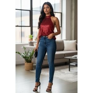 Cable And Gauge Red Sequins High Neck Tank Top Valentines Day Romance Glitz